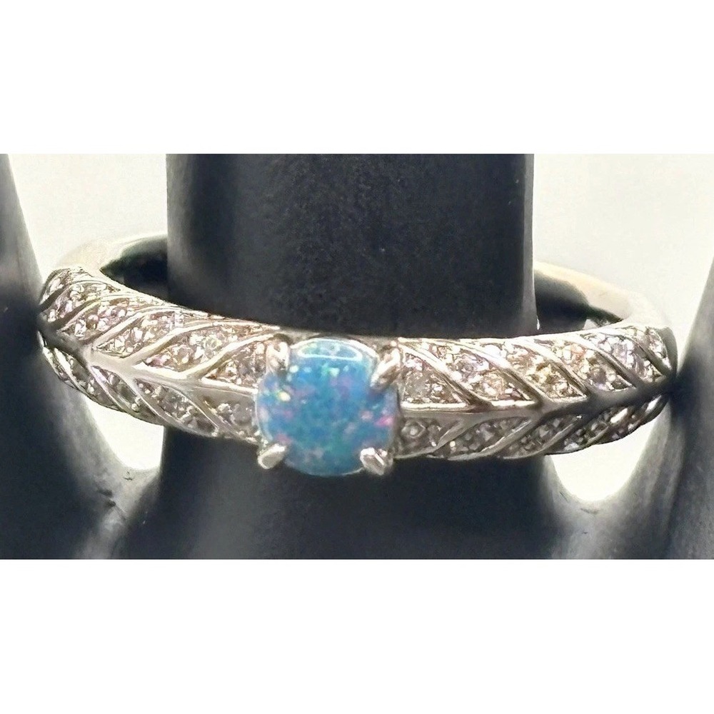 Bomb Party Silver Tone Blue Faux Opal Ring with Pave CZ Accents Band Size 10